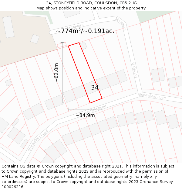 34, STONEYFIELD ROAD, COULSDON, CR5 2HG: Plot and title map