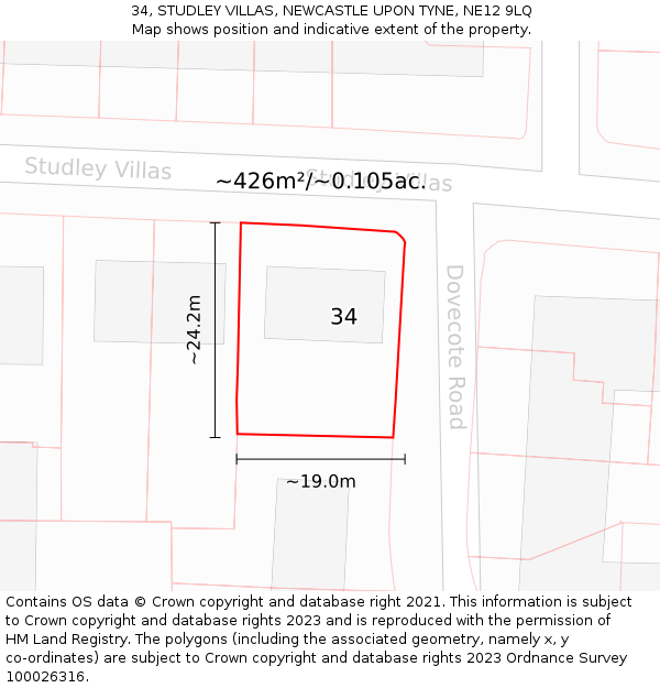 34, STUDLEY VILLAS, NEWCASTLE UPON TYNE, NE12 9LQ: Plot and title map