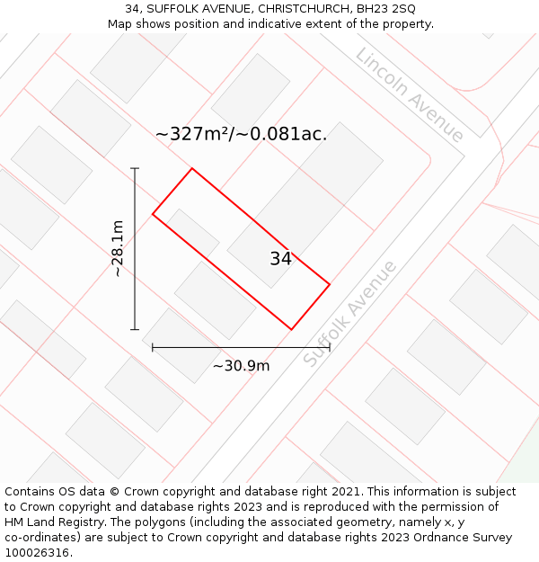 34, SUFFOLK AVENUE, CHRISTCHURCH, BH23 2SQ: Plot and title map