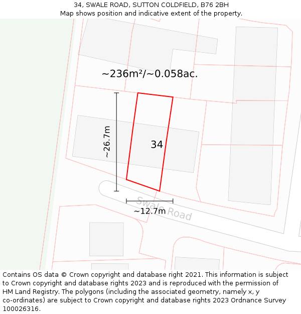 34, SWALE ROAD, SUTTON COLDFIELD, B76 2BH: Plot and title map