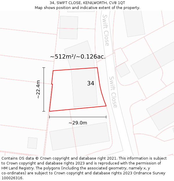 34, SWIFT CLOSE, KENILWORTH, CV8 1QT: Plot and title map