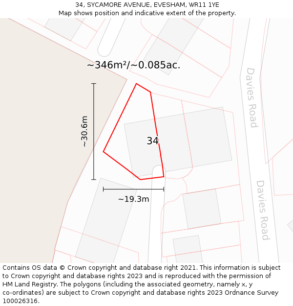 34, SYCAMORE AVENUE, EVESHAM, WR11 1YE: Plot and title map