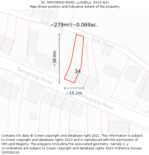 34, TANYGRAIG ROAD, LLANELLI, SA14 9LH: Plot and title map