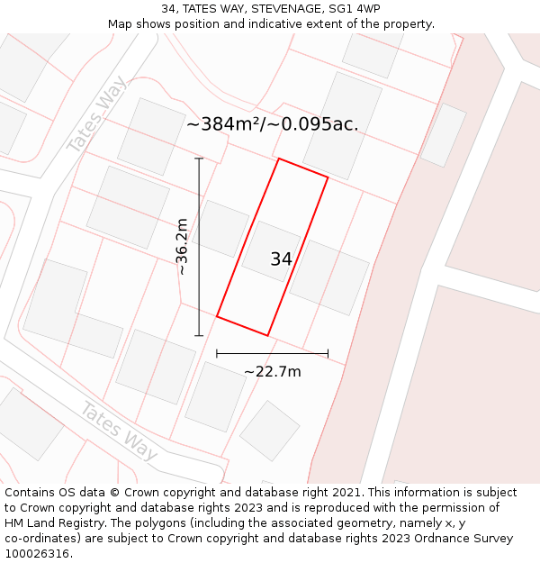 34, TATES WAY, STEVENAGE, SG1 4WP: Plot and title map