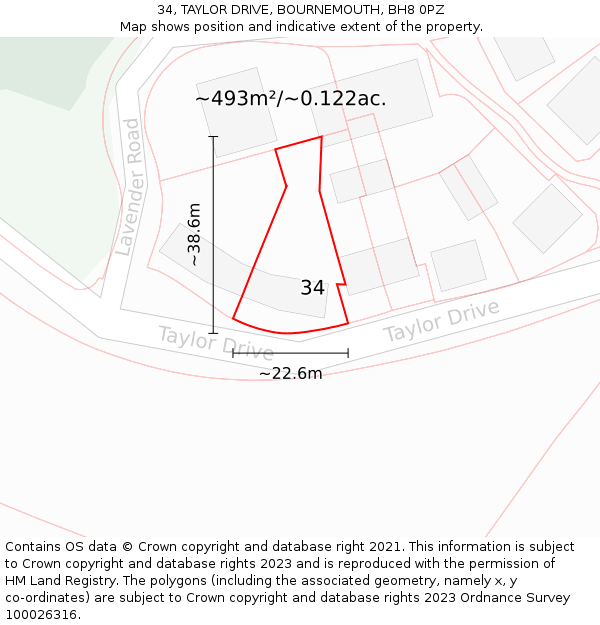34, TAYLOR DRIVE, BOURNEMOUTH, BH8 0PZ: Plot and title map