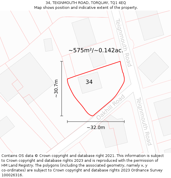 34, TEIGNMOUTH ROAD, TORQUAY, TQ1 4EQ: Plot and title map