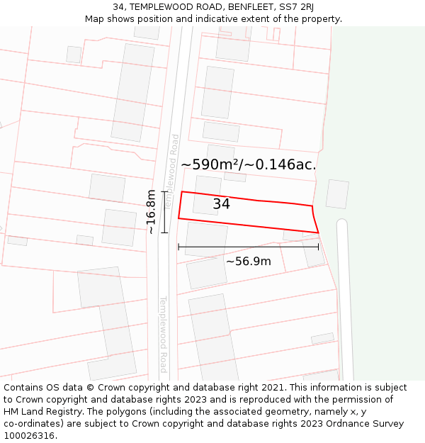 34, TEMPLEWOOD ROAD, BENFLEET, SS7 2RJ: Plot and title map