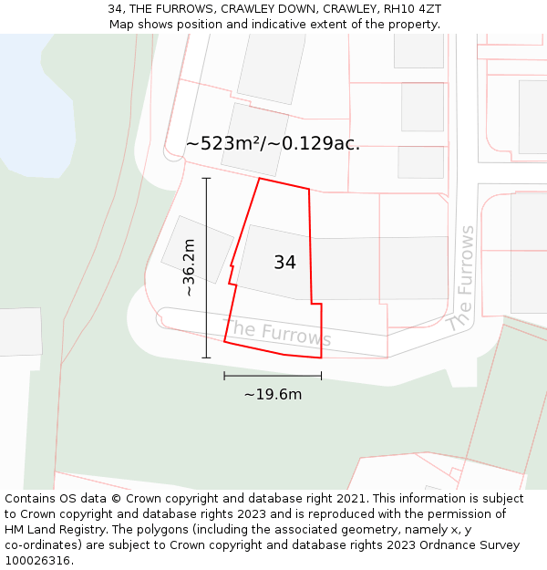 34, THE FURROWS, CRAWLEY DOWN, CRAWLEY, RH10 4ZT: Plot and title map