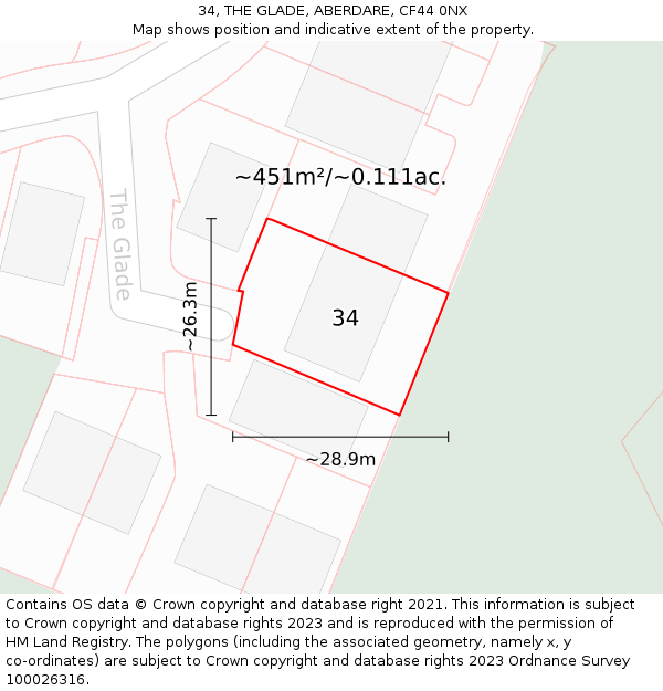 34, THE GLADE, ABERDARE, CF44 0NX: Plot and title map