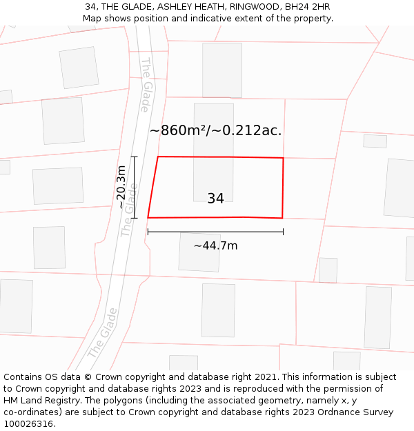 34, THE GLADE, ASHLEY HEATH, RINGWOOD, BH24 2HR: Plot and title map