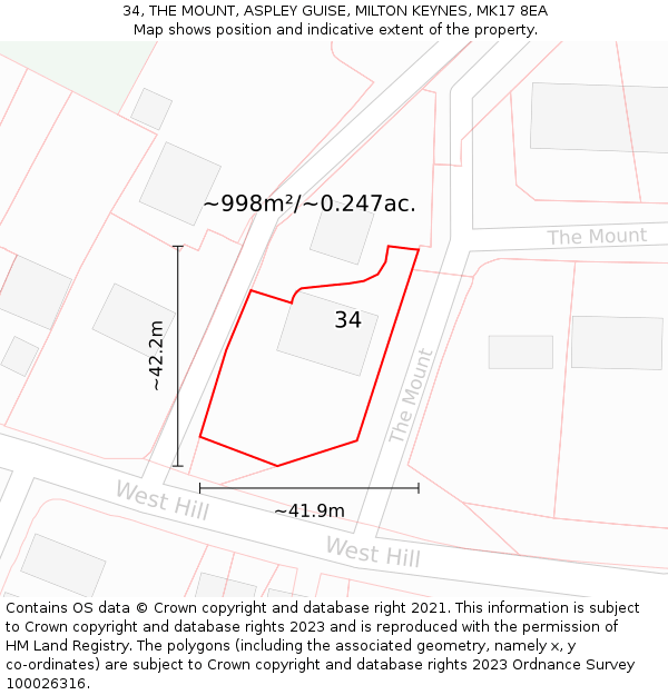 34, THE MOUNT, ASPLEY GUISE, MILTON KEYNES, MK17 8EA: Plot and title map