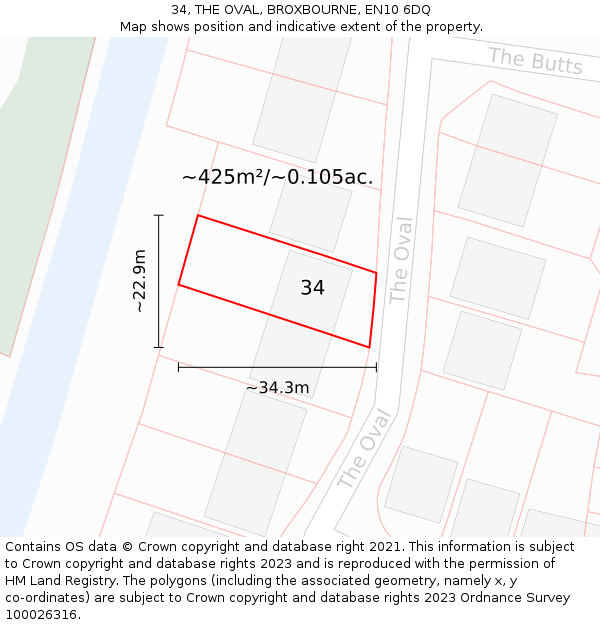 34, THE OVAL, BROXBOURNE, EN10 6DQ: Plot and title map