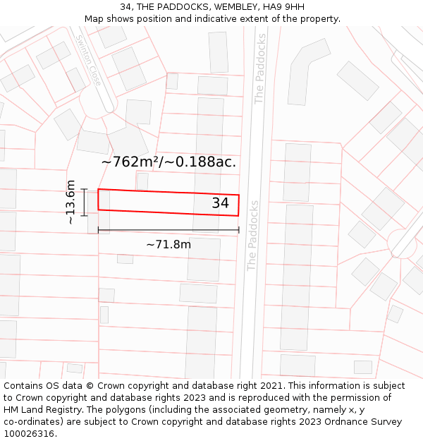 34, THE PADDOCKS, WEMBLEY, HA9 9HH: Plot and title map