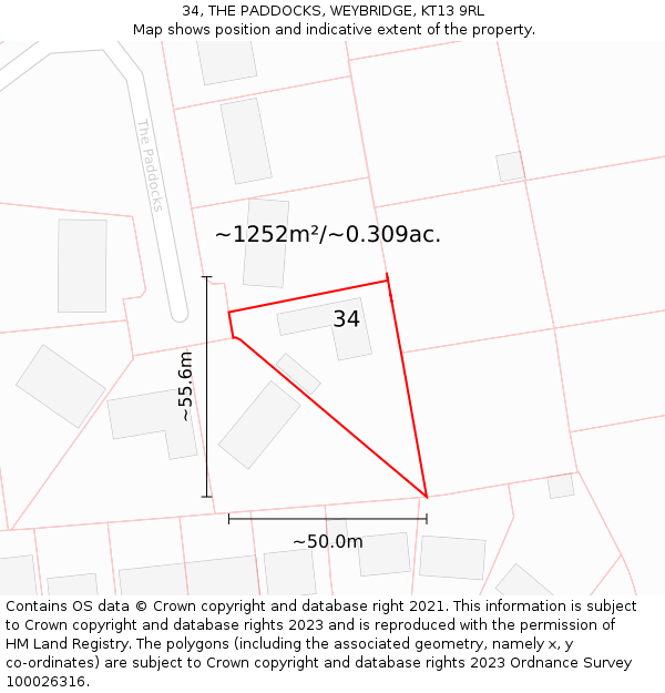 34, THE PADDOCKS, WEYBRIDGE, KT13 9RL: Plot and title map