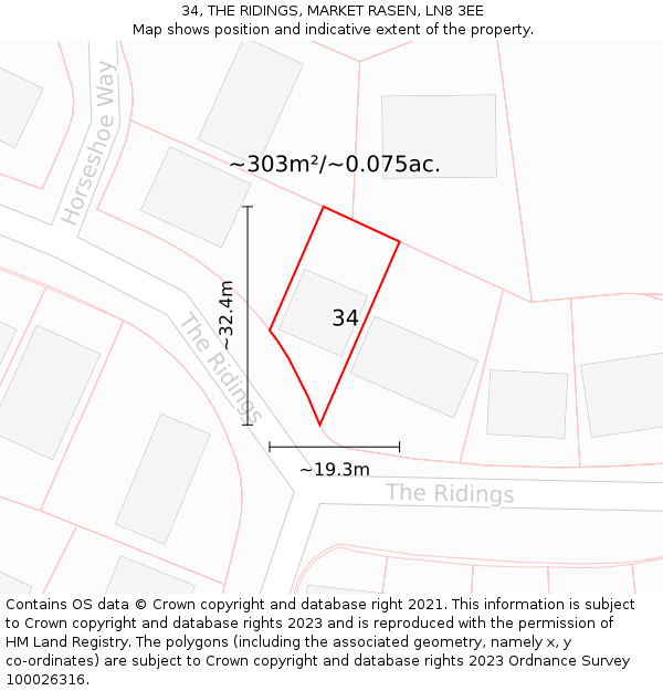 34, THE RIDINGS, MARKET RASEN, LN8 3EE: Plot and title map