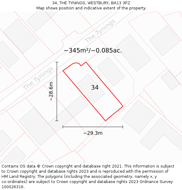34, THE TYNINGS, WESTBURY, BA13 3PZ: Plot and title map