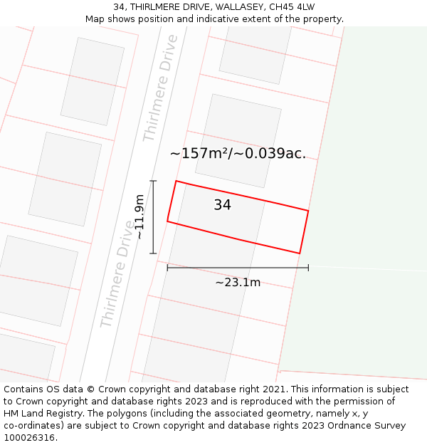 34, THIRLMERE DRIVE, WALLASEY, CH45 4LW: Plot and title map