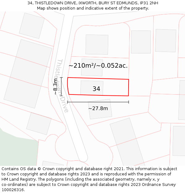 34, THISTLEDOWN DRIVE, IXWORTH, BURY ST EDMUNDS, IP31 2NH: Plot and title map