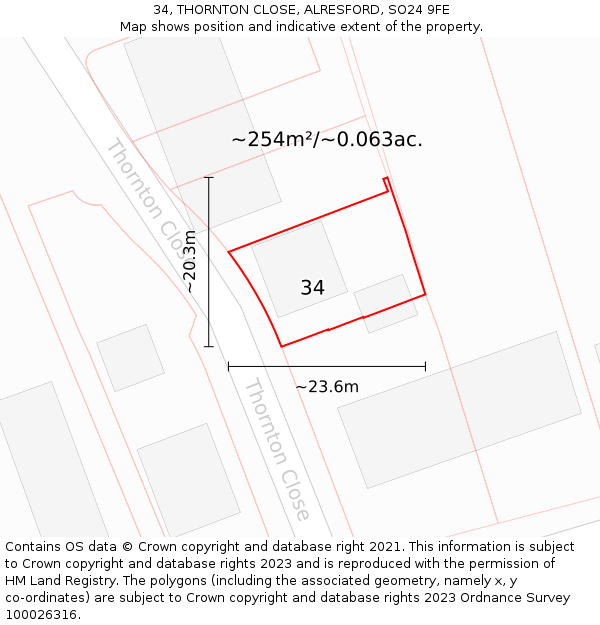 34, THORNTON CLOSE, ALRESFORD, SO24 9FE: Plot and title map