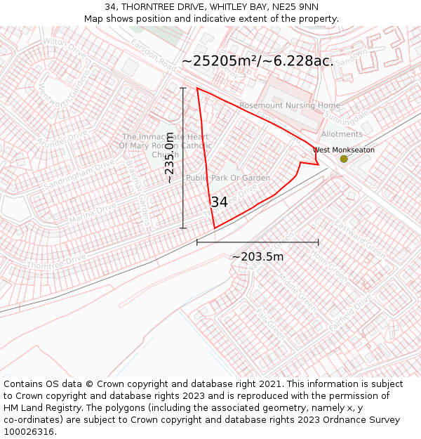 34, THORNTREE DRIVE, WHITLEY BAY, NE25 9NN: Plot and title map