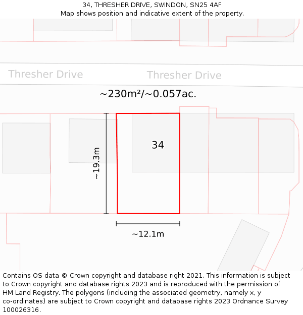 34, THRESHER DRIVE, SWINDON, SN25 4AF: Plot and title map