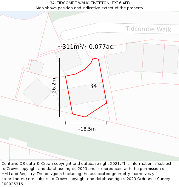 34, TIDCOMBE WALK, TIVERTON, EX16 4FB: Plot and title map