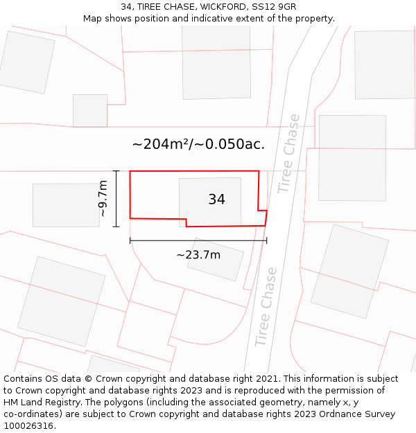 34, TIREE CHASE, WICKFORD, SS12 9GR: Plot and title map