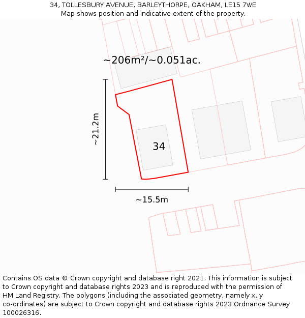 34, TOLLESBURY AVENUE, BARLEYTHORPE, OAKHAM, LE15 7WE: Plot and title map