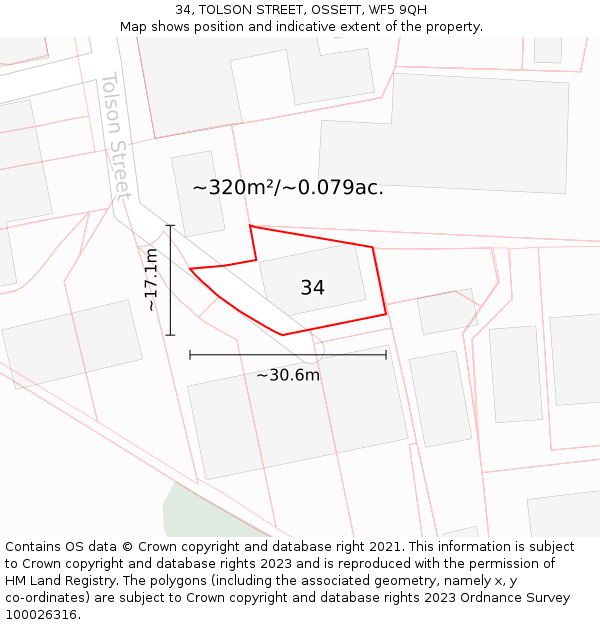 34, TOLSON STREET, OSSETT, WF5 9QH: Plot and title map