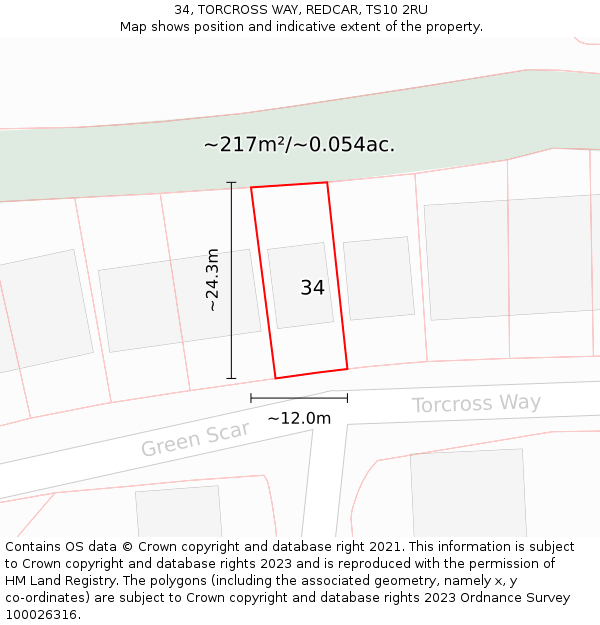 34, TORCROSS WAY, REDCAR, TS10 2RU: Plot and title map