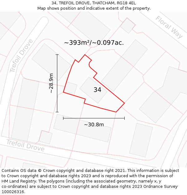 34, TREFOIL DROVE, THATCHAM, RG18 4EL: Plot and title map