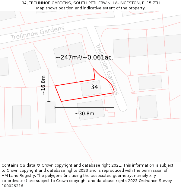 34, TRELINNOE GARDENS, SOUTH PETHERWIN, LAUNCESTON, PL15 7TH: Plot and title map