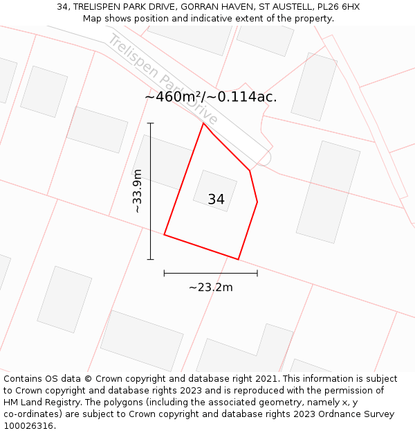 34, TRELISPEN PARK DRIVE, GORRAN HAVEN, ST AUSTELL, PL26 6HX: Plot and title map