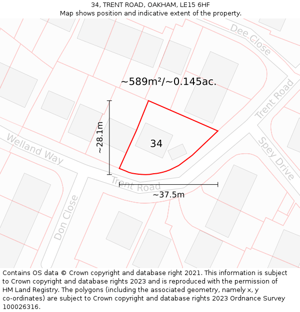 34, TRENT ROAD, OAKHAM, LE15 6HF: Plot and title map