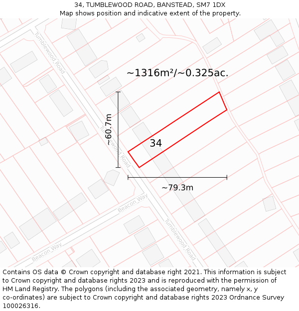 34, TUMBLEWOOD ROAD, BANSTEAD, SM7 1DX: Plot and title map