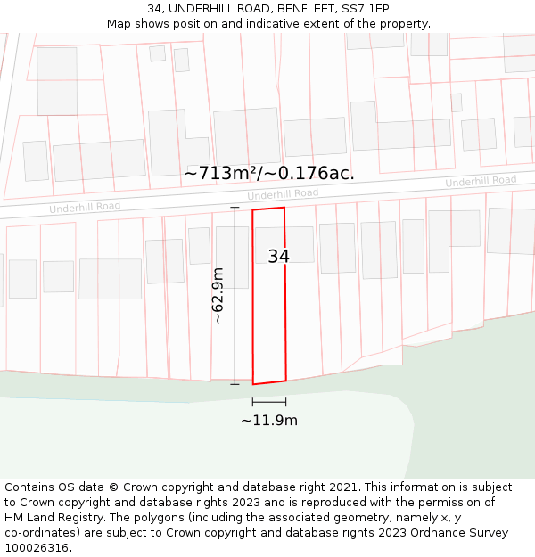 34, UNDERHILL ROAD, BENFLEET, SS7 1EP: Plot and title map