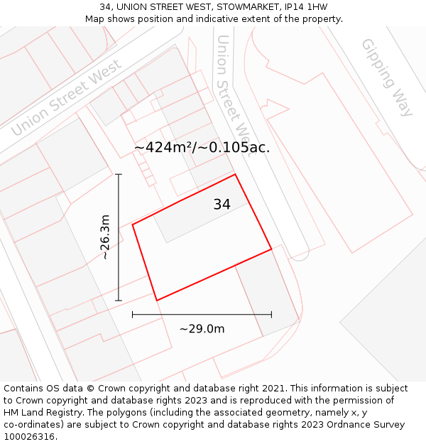 34, UNION STREET WEST, STOWMARKET, IP14 1HW: Plot and title map