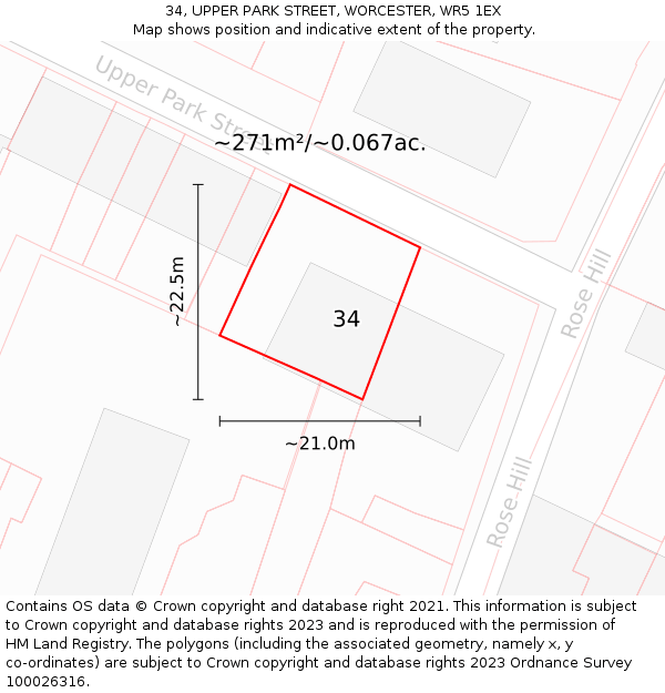 34, UPPER PARK STREET, WORCESTER, WR5 1EX: Plot and title map