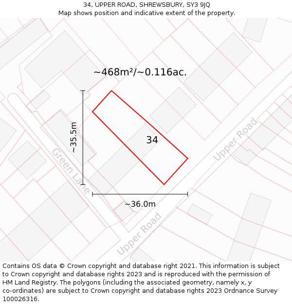 34, UPPER ROAD, SHREWSBURY, SY3 9JQ: Plot and title map