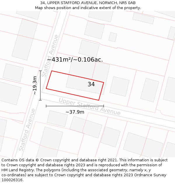 34, UPPER STAFFORD AVENUE, NORWICH, NR5 0AB: Plot and title map