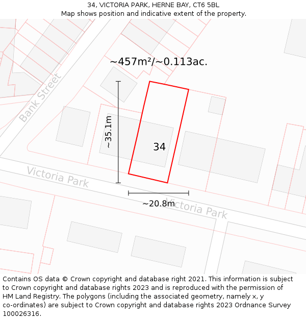 34, VICTORIA PARK, HERNE BAY, CT6 5BL: Plot and title map