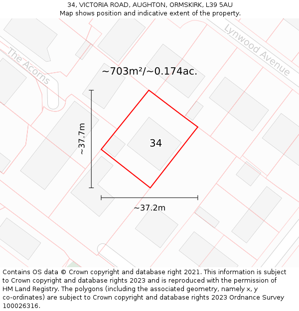 34, VICTORIA ROAD, AUGHTON, ORMSKIRK, L39 5AU: Plot and title map