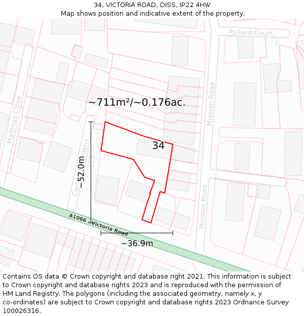 34, VICTORIA ROAD, DISS, IP22 4HW: Plot and title map