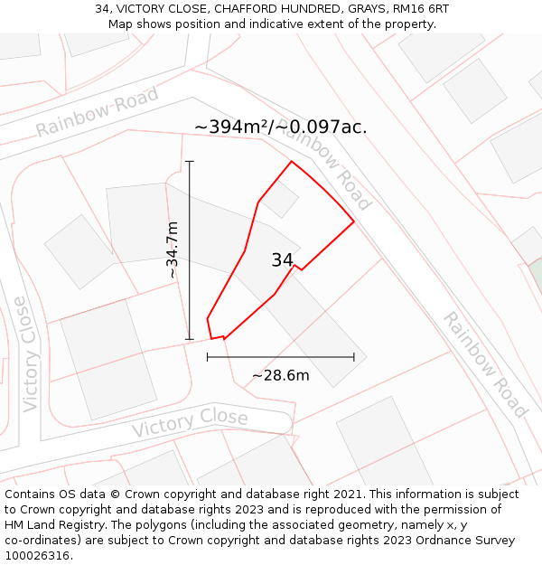 34, VICTORY CLOSE, CHAFFORD HUNDRED, GRAYS, RM16 6RT: Plot and title map