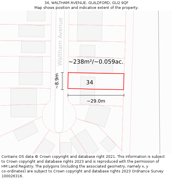 34, WALTHAM AVENUE, GUILDFORD, GU2 9QF: Plot and title map