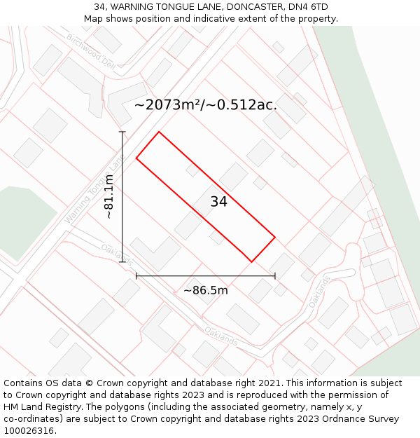 34, WARNING TONGUE LANE, DONCASTER, DN4 6TD: Plot and title map