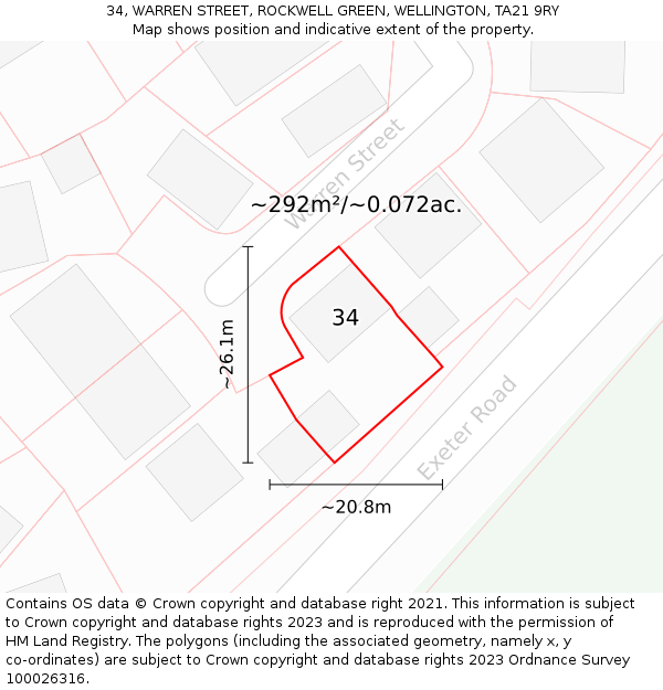 34, WARREN STREET, ROCKWELL GREEN, WELLINGTON, TA21 9RY: Plot and title map