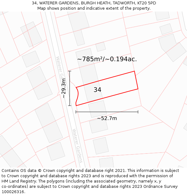 34, WATERER GARDENS, BURGH HEATH, TADWORTH, KT20 5PD: Plot and title map