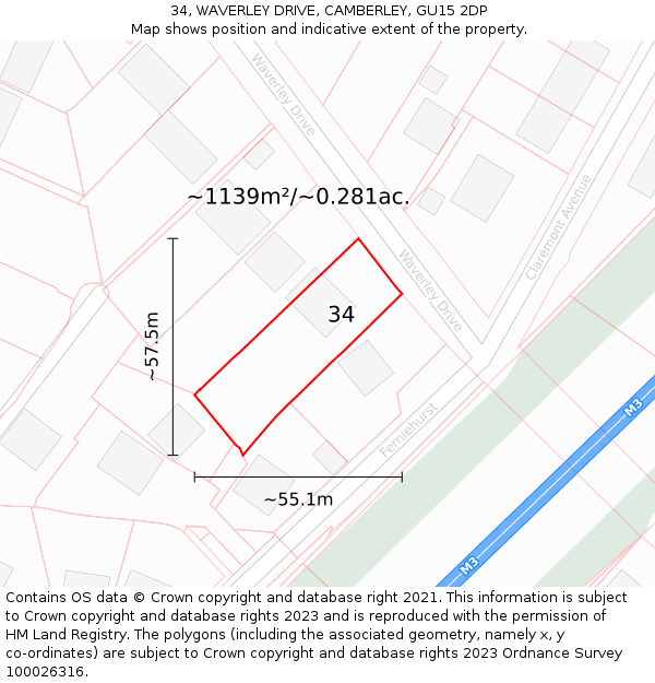 34, WAVERLEY DRIVE, CAMBERLEY, GU15 2DP: Plot and title map