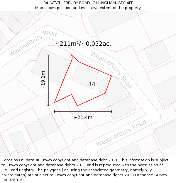 34, WEATHERBURY ROAD, GILLINGHAM, SP8 4FE: Plot and title map